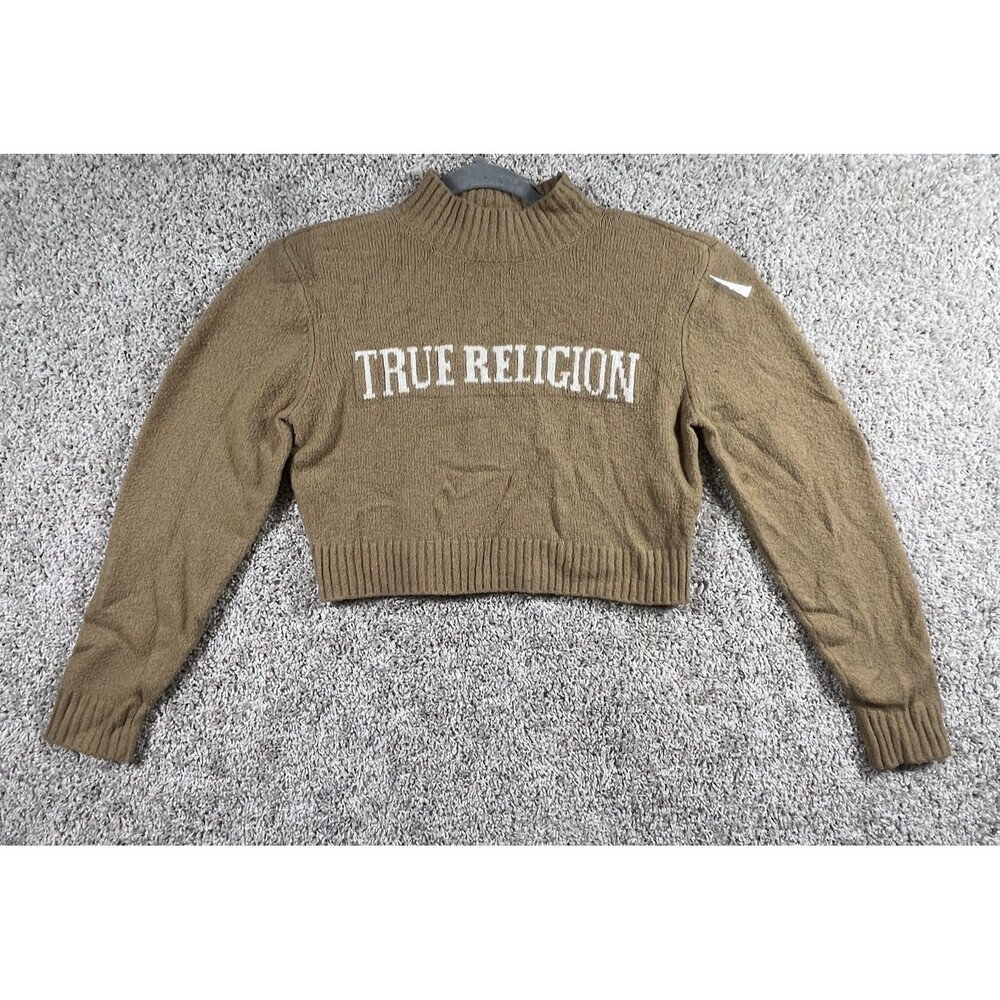 True Religion Crop Sweater Womens S Beige Logo Mock Neck Y2K